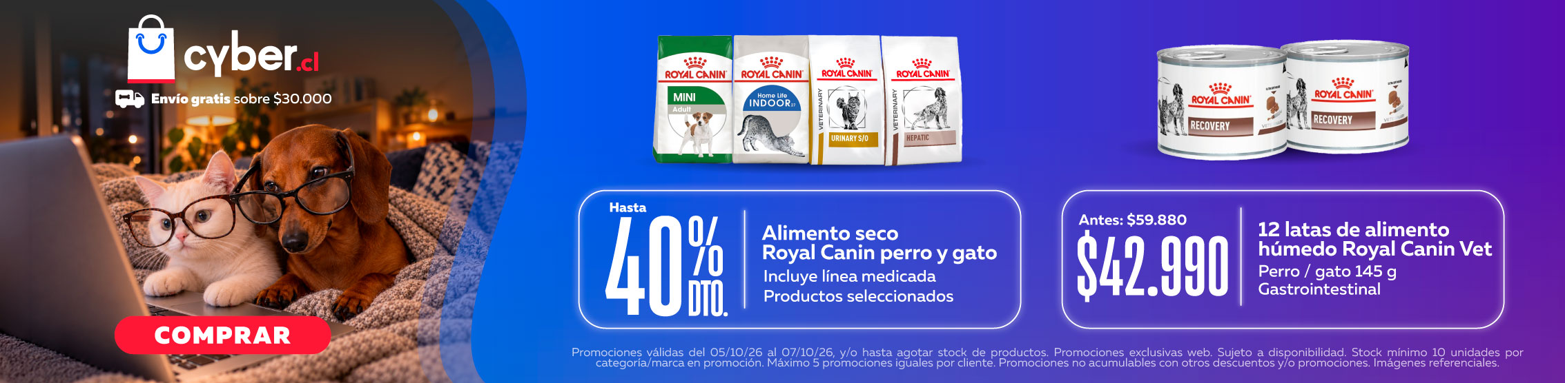 Hasta 40% de descuento en alimento seco Royal Canin seleccionado y 12 latas de Royal canin Recovery a solo $42.990