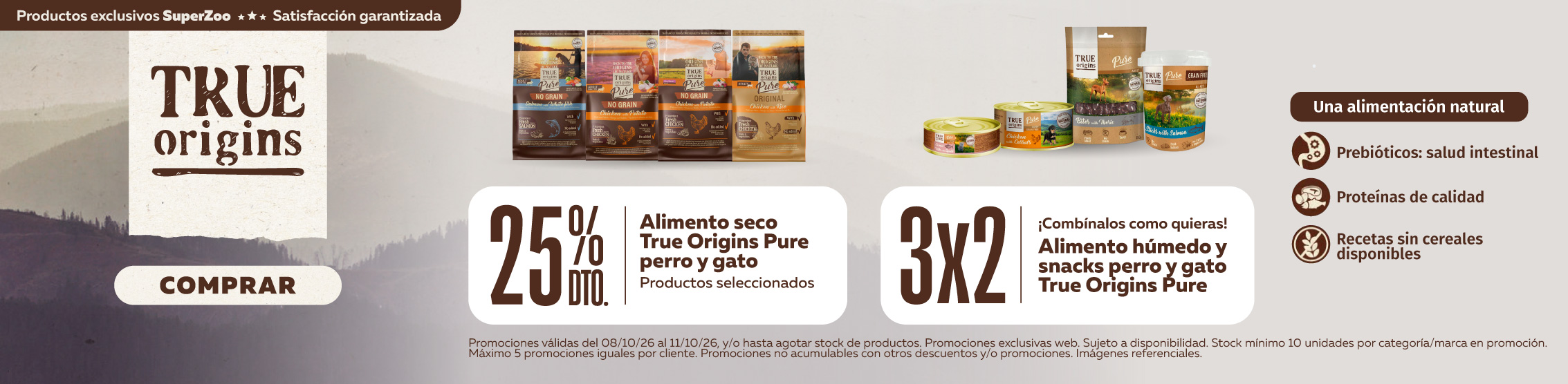 25% de descuento en alimento seco True Origins Pure perro y gato seleccionados