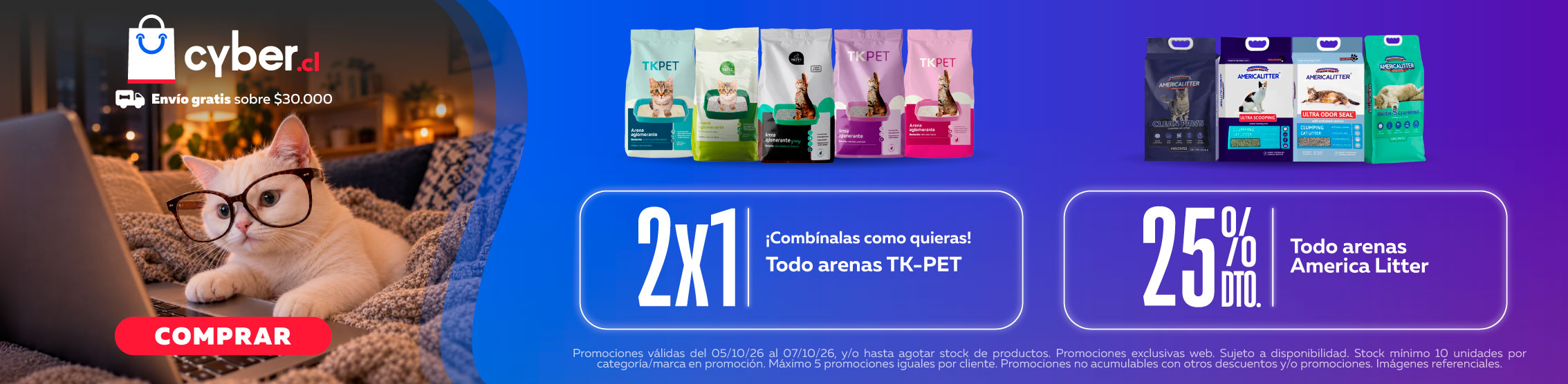 2x1 en Arenas Tk Pet y 25% de descuento en America Litter