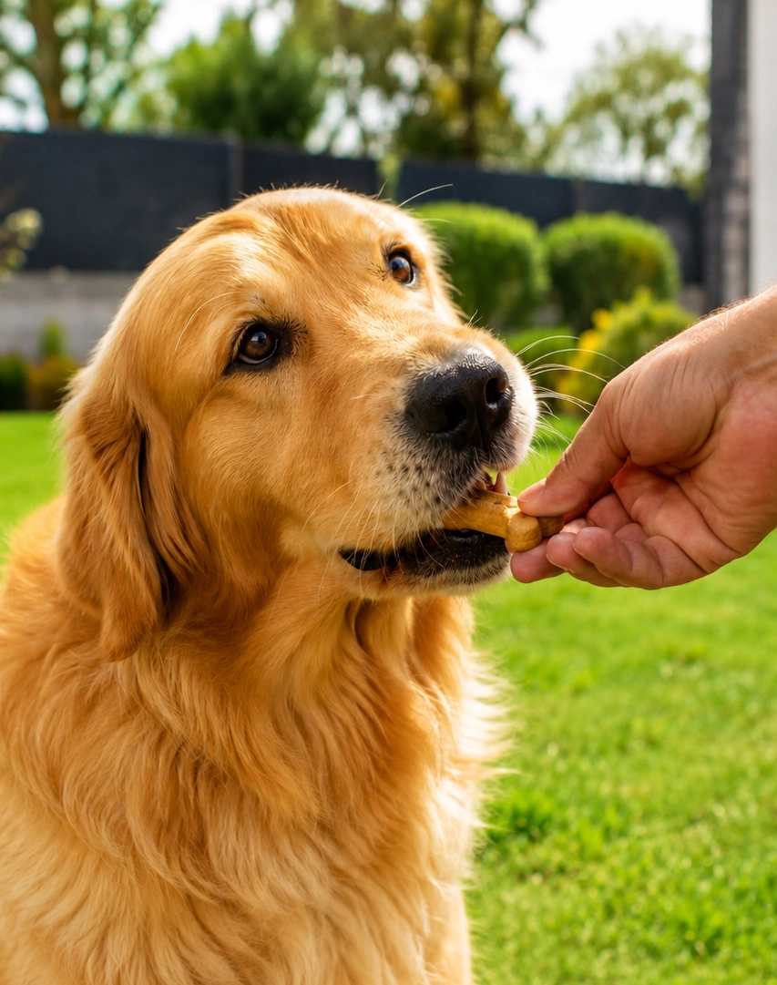 Perro disfrutando un premio de galleta