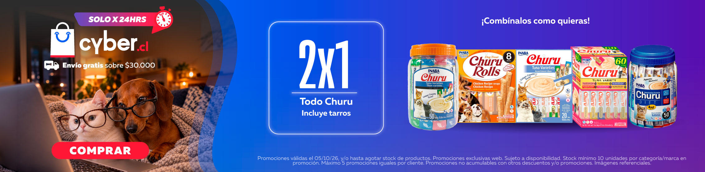 Solo por 24 horas 2x1 Todo churu, incluye tarros. &iexcl;Comb&iacute;nalos como quieras!