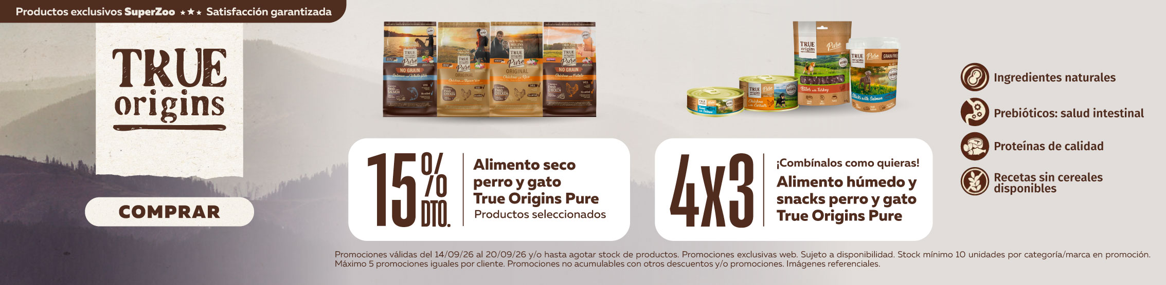 15% de descuento en alimento true origins y 4x3 en snacks true origins