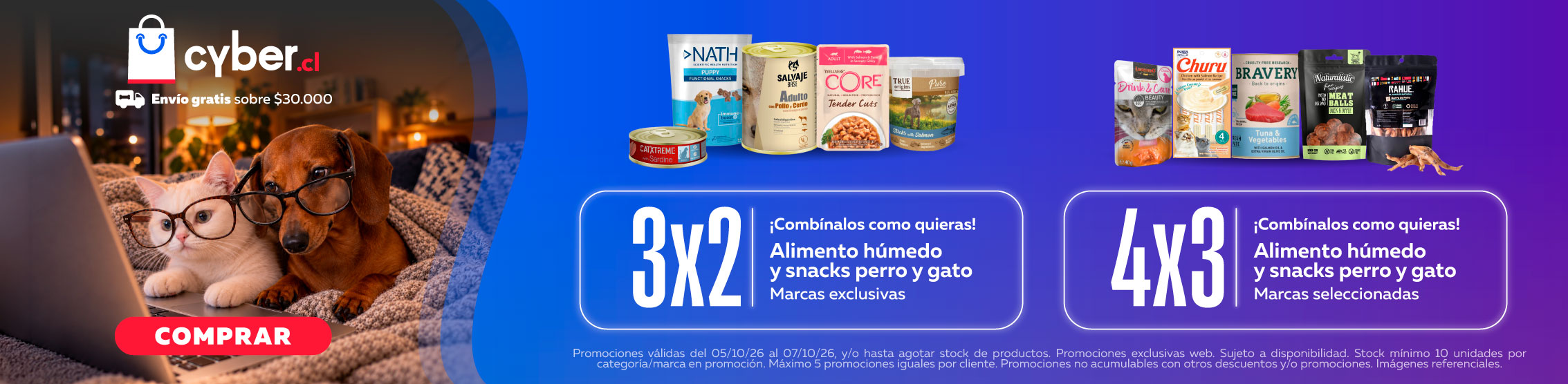 3x2 y 4x3 en Alimento h&uacute;medo y snacks marcas seleccionadas