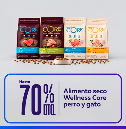 70% Wellness Core Hasta 70% de descuento en alimento seco Wellness Core seleccionado