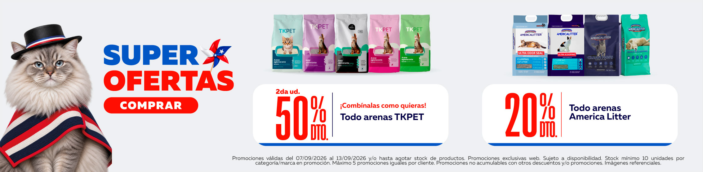 2do con 50% de descuento en arenas TKPET y 20% en arenas America Litter