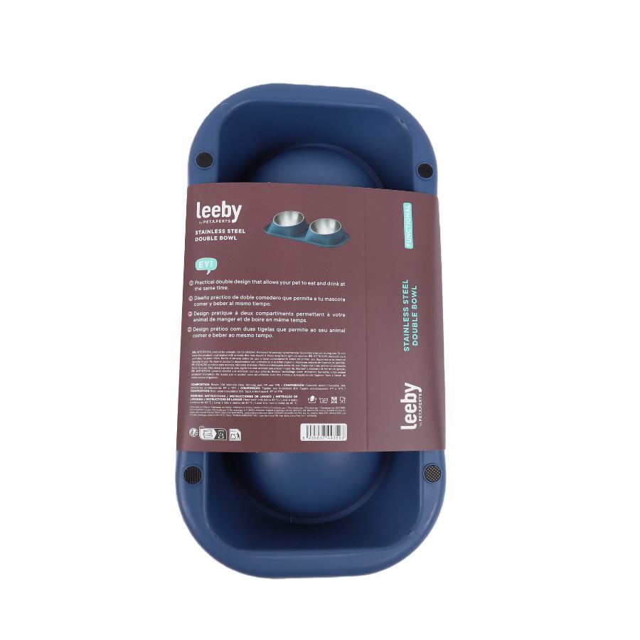 Leeby Comedero doble para perros color azul de acero inoxidable 350ml, , large image number null