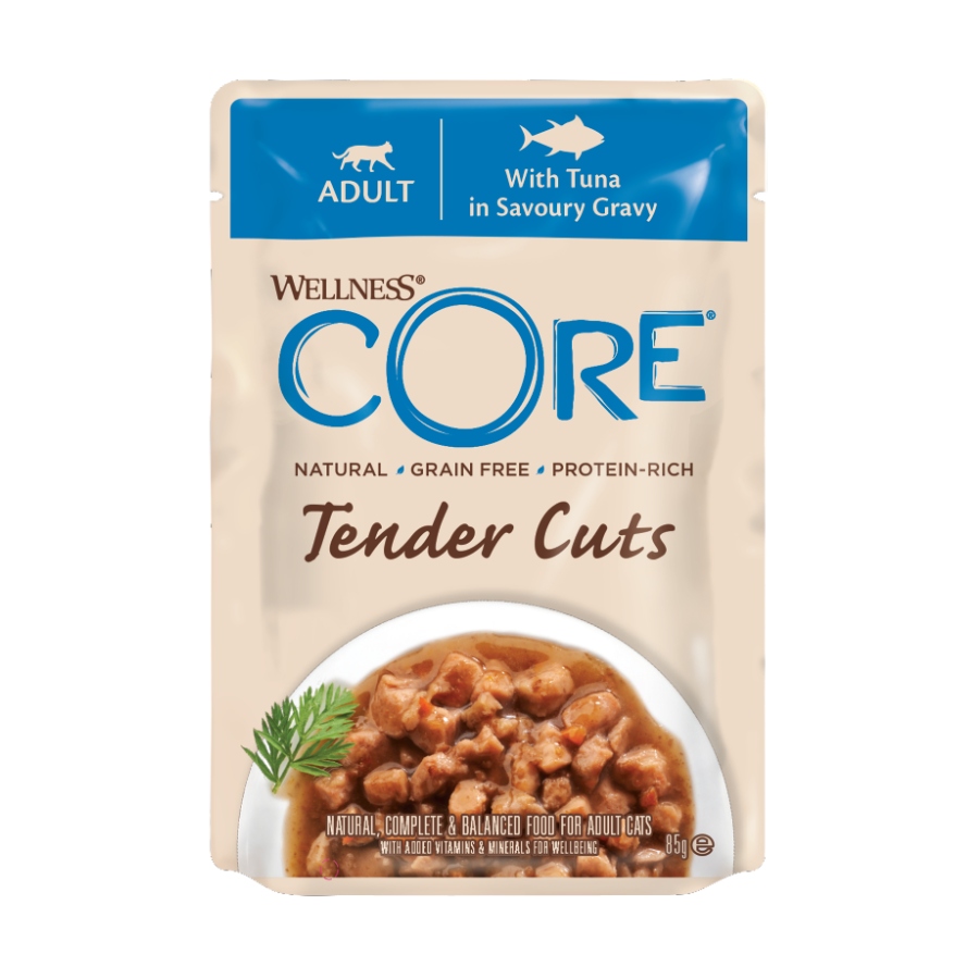 Wellness Core alimento h&uacute;medo para gatos 85GR cortes tiernos de at&uacute;n en salsa gravy