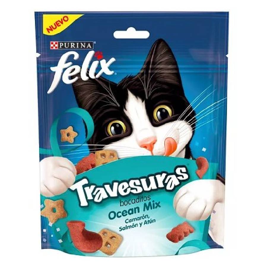 Felix Travesuras ocean mix sabor camarón/salmón/atún snack para gatos 60GR 1 un., , large image number null