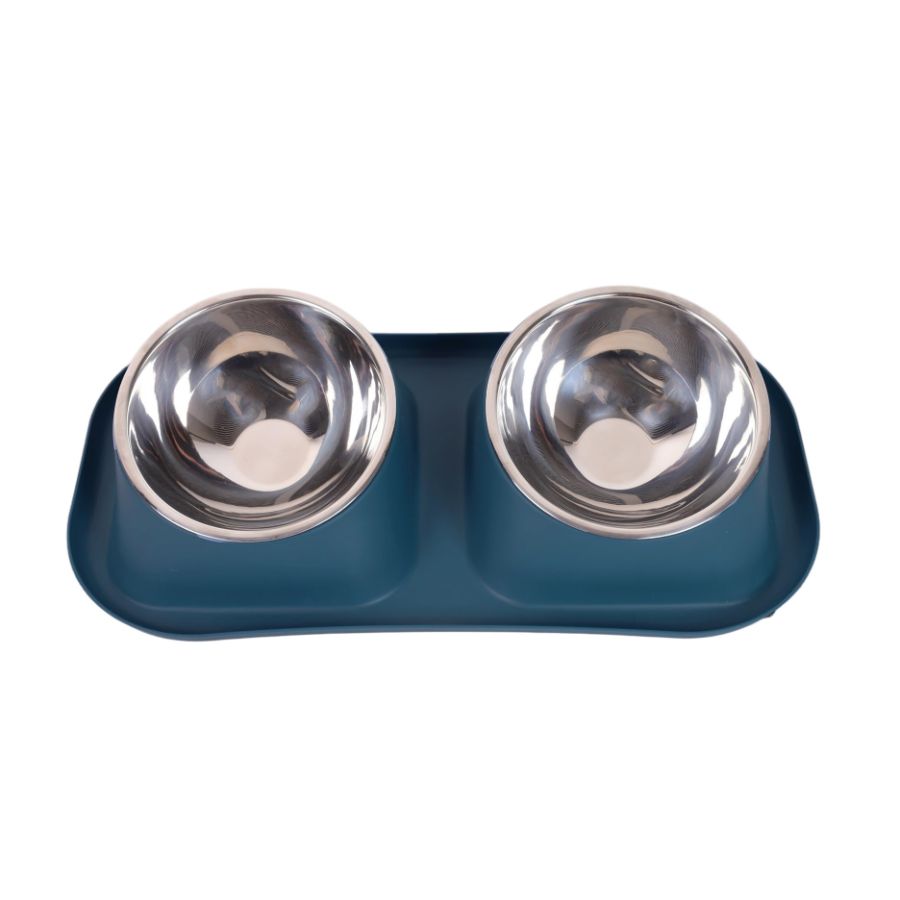 Leeby Comedero doble para perros color azul de acero inoxidable 350ml, , large image number null