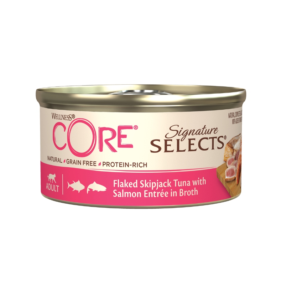 Wellness Core alimento h&uacute;medo para gatos 79GR at&uacute;n con salm&oacute;n en caldo
