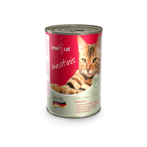 Bewicat latas meatinis con tierno venado alimento húmedo para gatos 400 GR