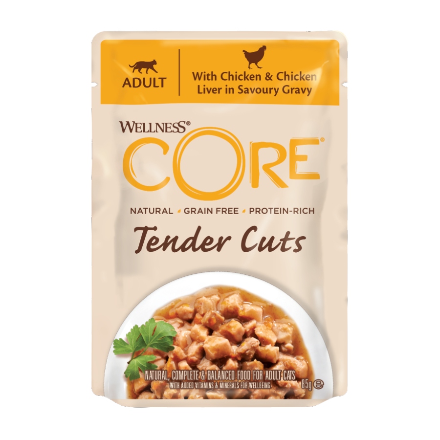 Wellness Core alimento h&uacute;medo para gatos 85GR cortes tiernos de pollo e h&iacute;gado en salsa gravy