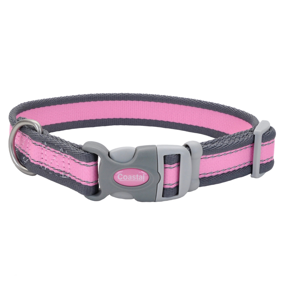 Collar para perro ajustable pro reflectante color rosado brillante con gris