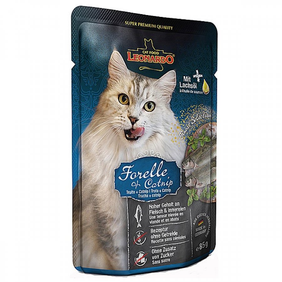 Leonardo pouch Trucha Y Hierba Gatera alimento húmedo para gatos 85Gr, , large image number null