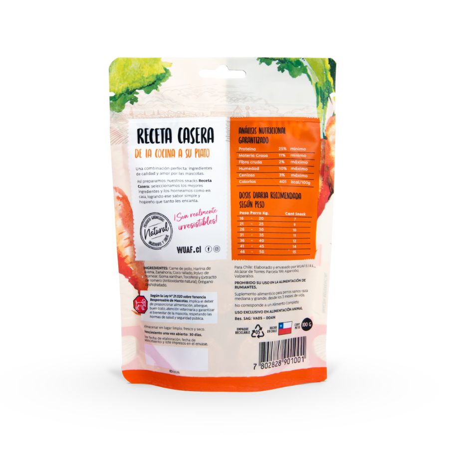 Wuaf snack para perros receta casera sabor pollo zanahoria 100 GR, , large image number null