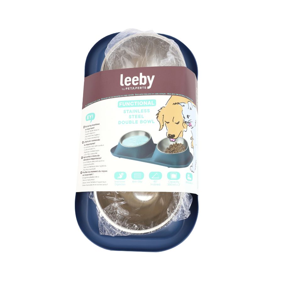 Leeby Comedero doble para perros color azul de acero inoxidable 350ml, , large image number null