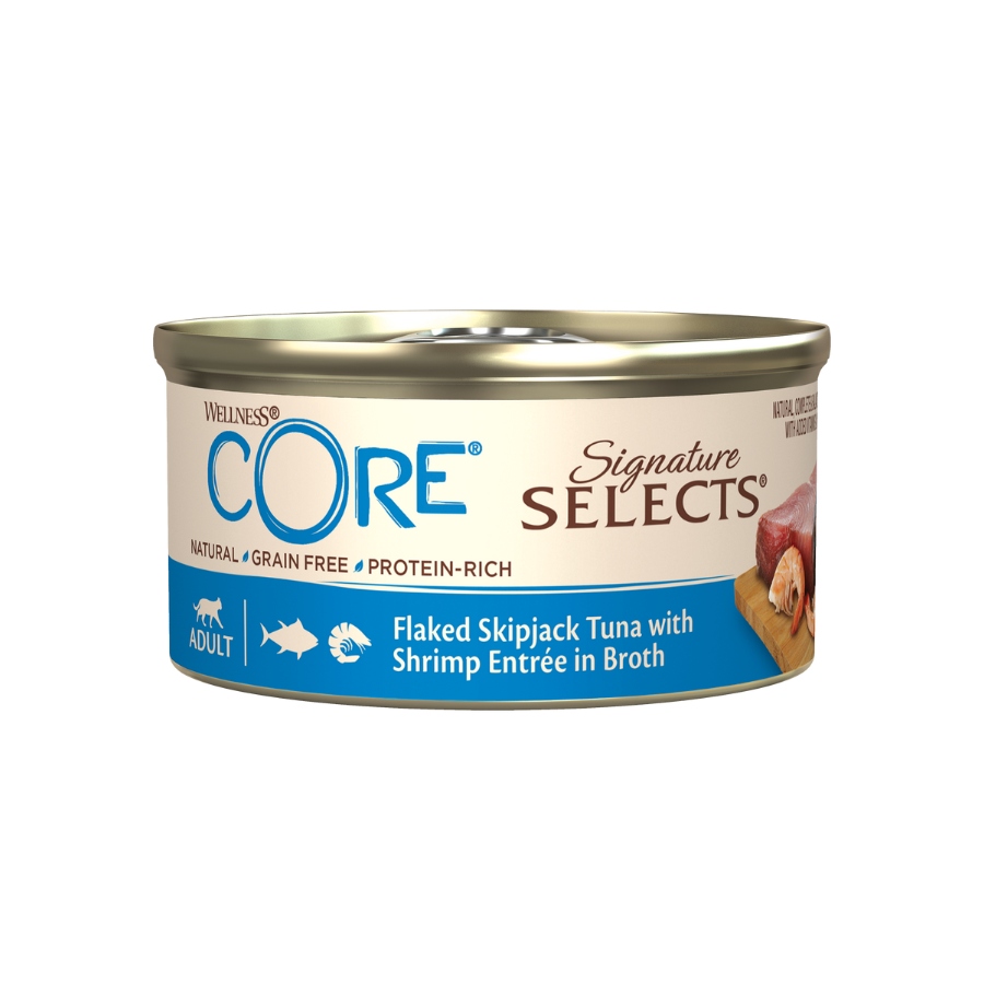 Wellness Core alimento h&uacute;medo para gatos 79GR at&uacute;n con camar&oacute;n en caldo