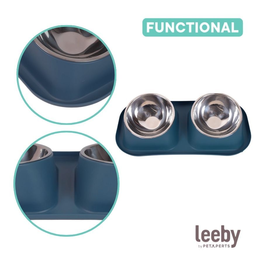 Leeby Comedero doble para perros color azul de acero inoxidable 350ml, , large image number null