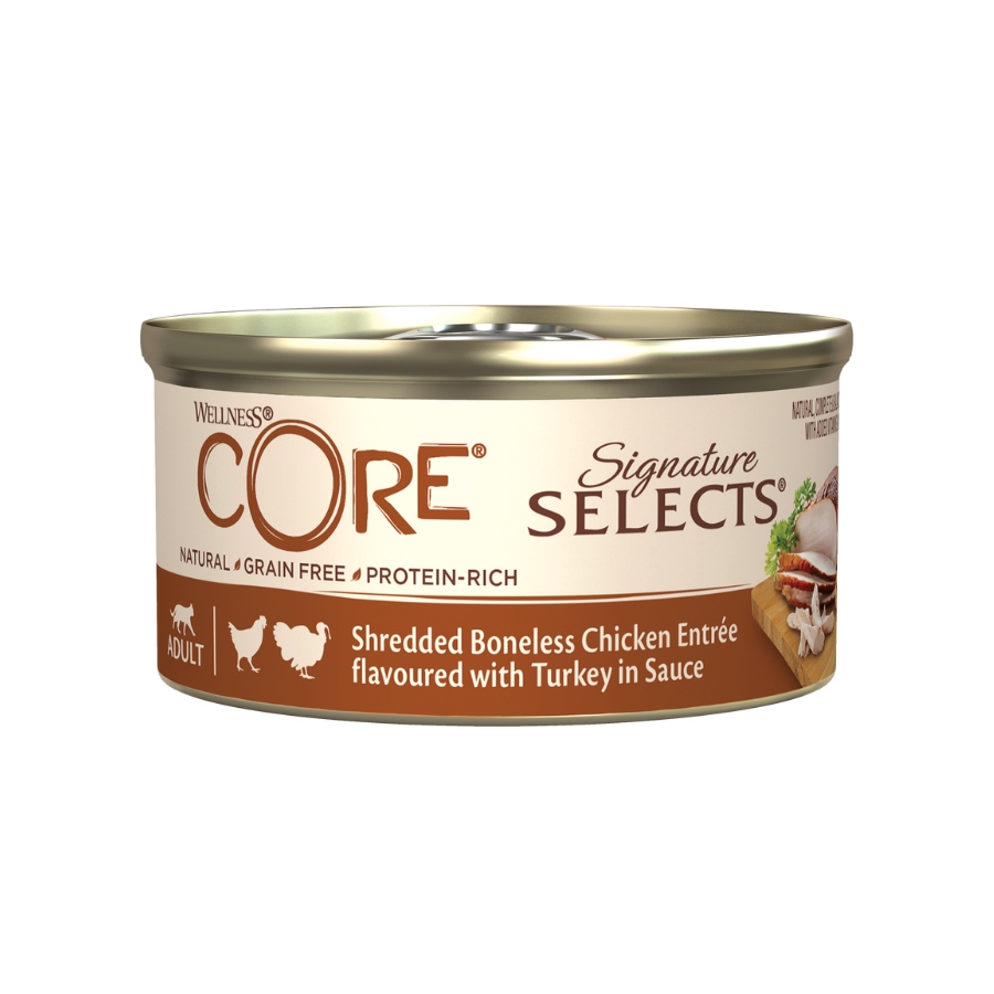 Wellness Core alimento h&uacute;medo para gatos 79GR pollo desmenuzado con pavo en salsa