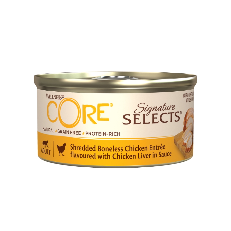 Wellness Core alimento h&uacute;medo para gatos 79GR pollo desmenuzado con h&iacute;gado en salsa