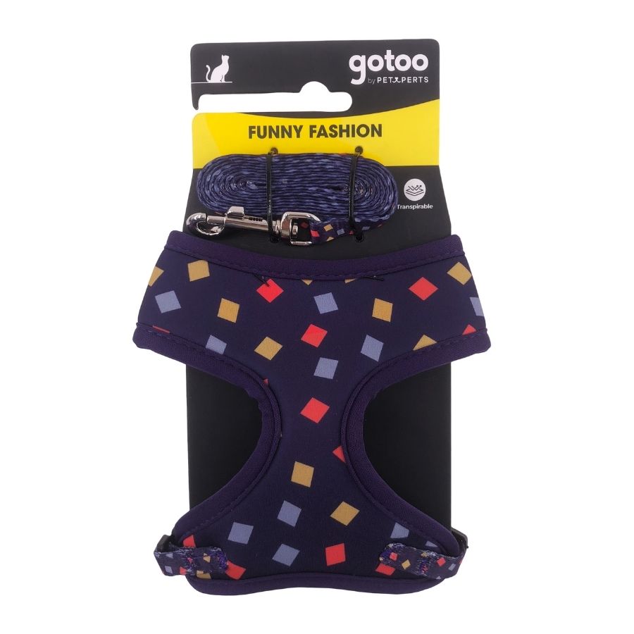 Set de arnés y correa azul marino con estampado geométrico para gatos