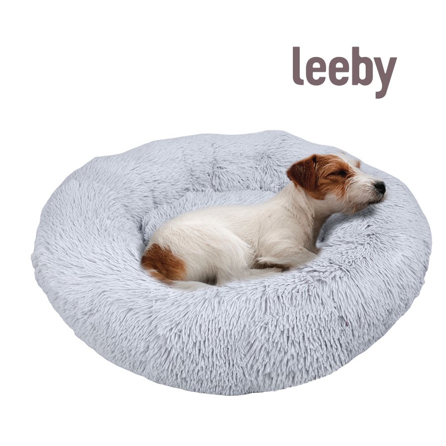 Leeby Cama Redonda Antiestrés de Pelo Gris para perros