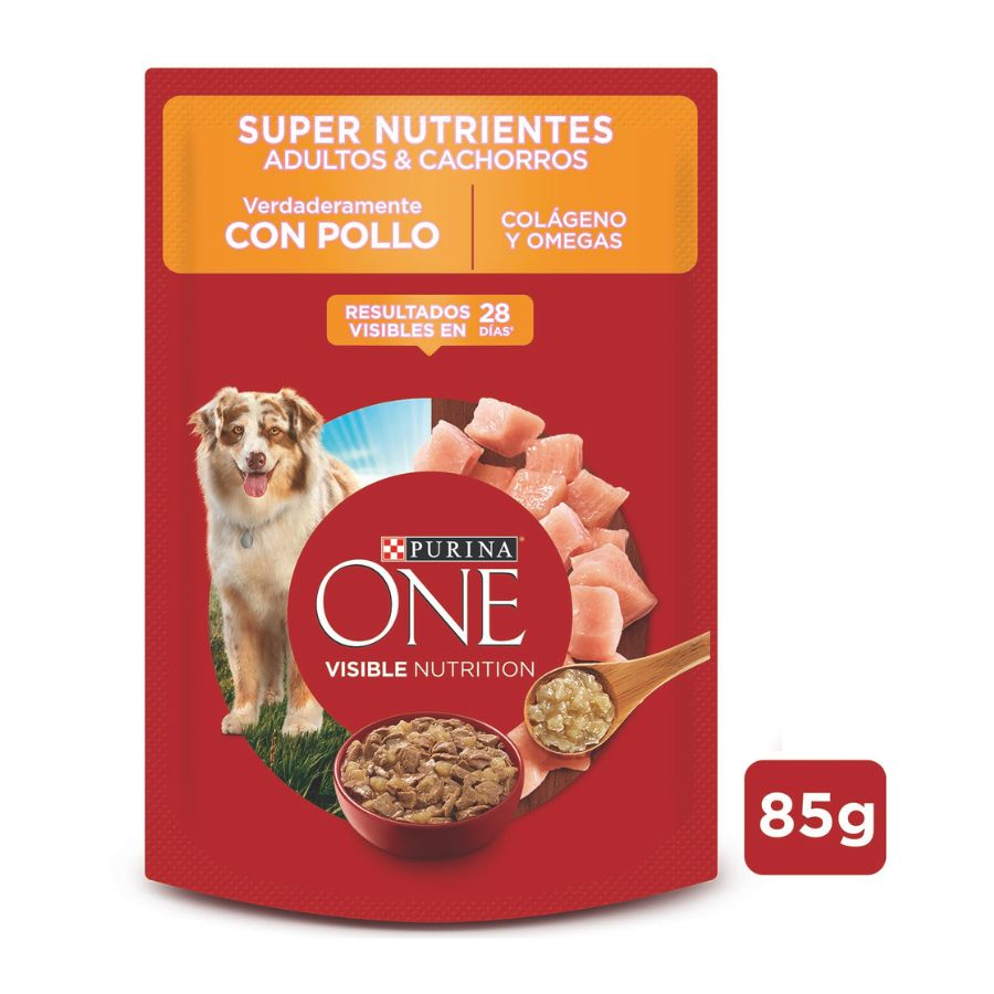 Alimento h&uacute;medo para perros purina one&reg; sobre de 85GR adultos y cachorros super nutrientes