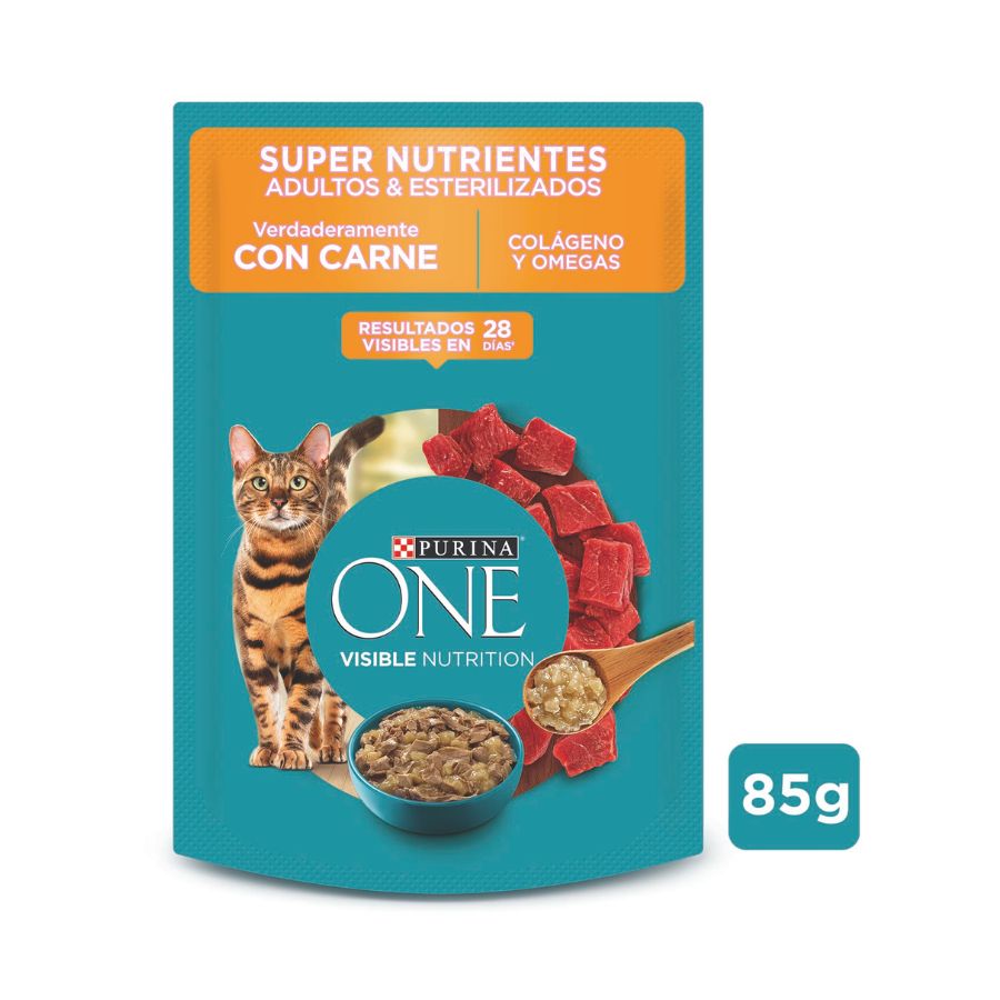 Alimento h&uacute;medo para gatos purina one&reg; sobre de 85GR adultos y esterilizados super nutrientes