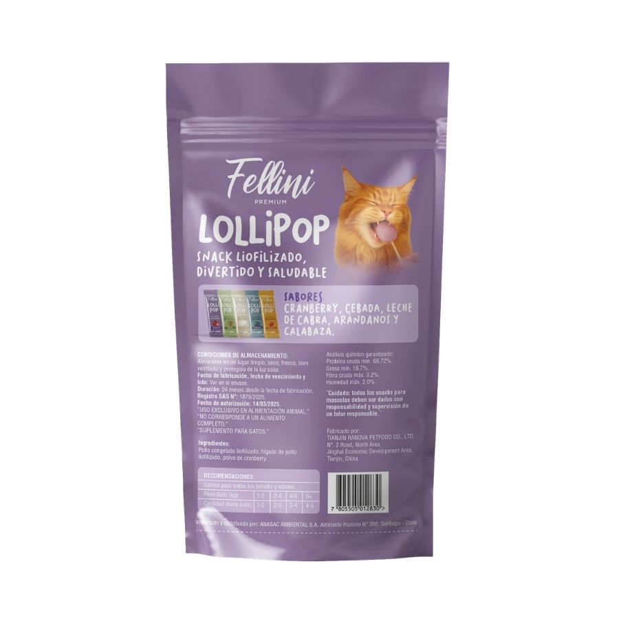 Snack para gatos fellini lollipop sabor cranberry 3unidades 15GR&nbsp;, , large image number null