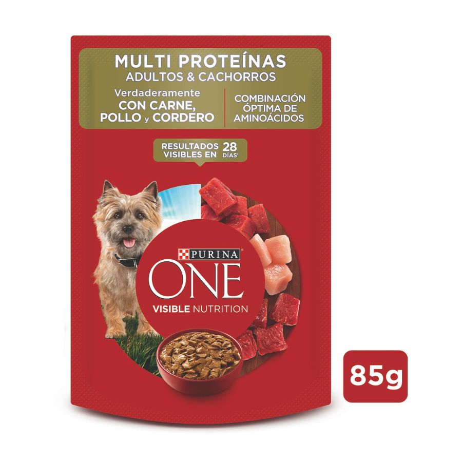 Alimento húmedo para perros purina one® sobre de 85GR adultos y cachorros multi proteína