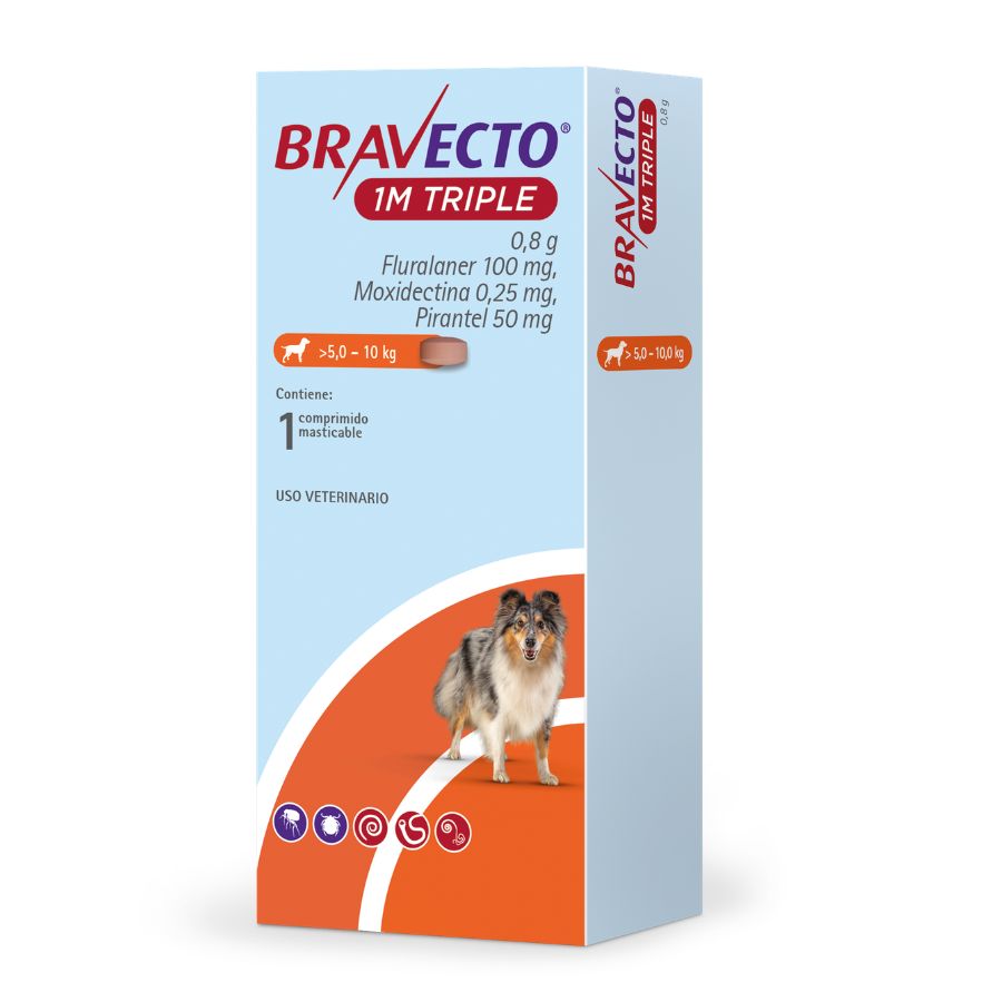 Bravecto antiparasitario masticable para perros de 4,5 - 10kg 1m triple 100mg x 1tableta, , large image number null