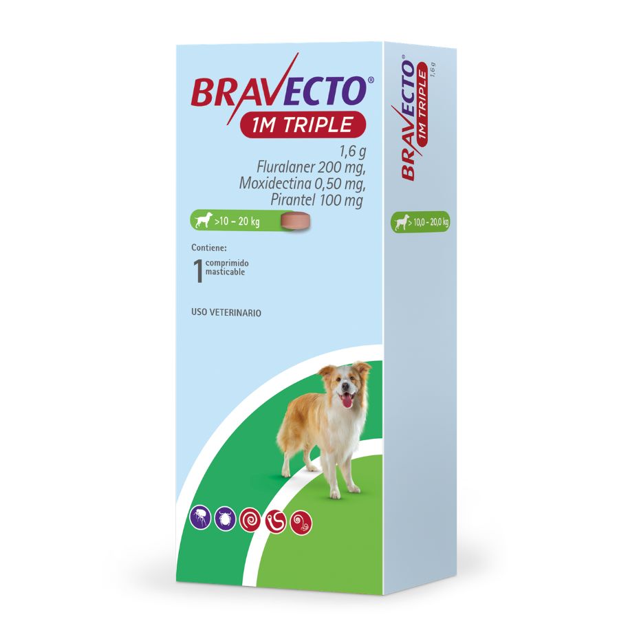 Bravecto antiparasitario masticable para perros de 10 - 20kg 1m triple 200mg x 1tableta, , large image number null