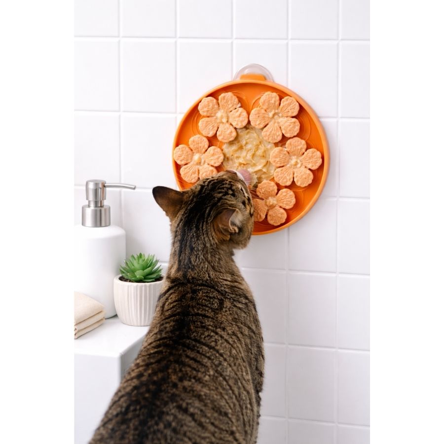 Leeby plato interactivo para mascotas color naranjo con dise&ntilde;o de flores, , large image number null