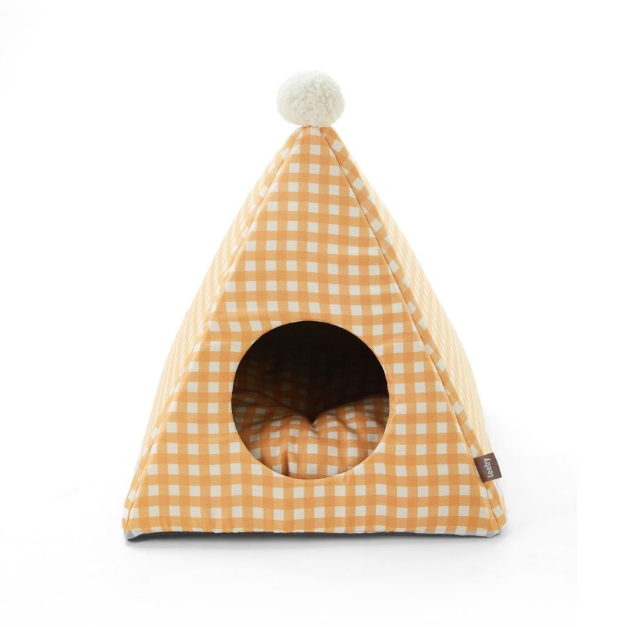 Leeby Cama Forma Piramide Para Gatos Estampado Naranja Vichy, , large image number null