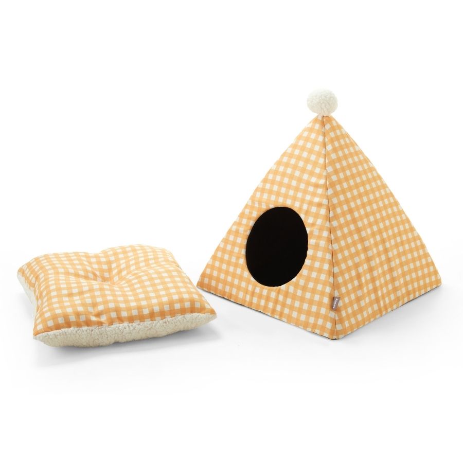 Leeby Cama Forma Piramide Para Gatos Estampado Naranja Vichy, , large image number null