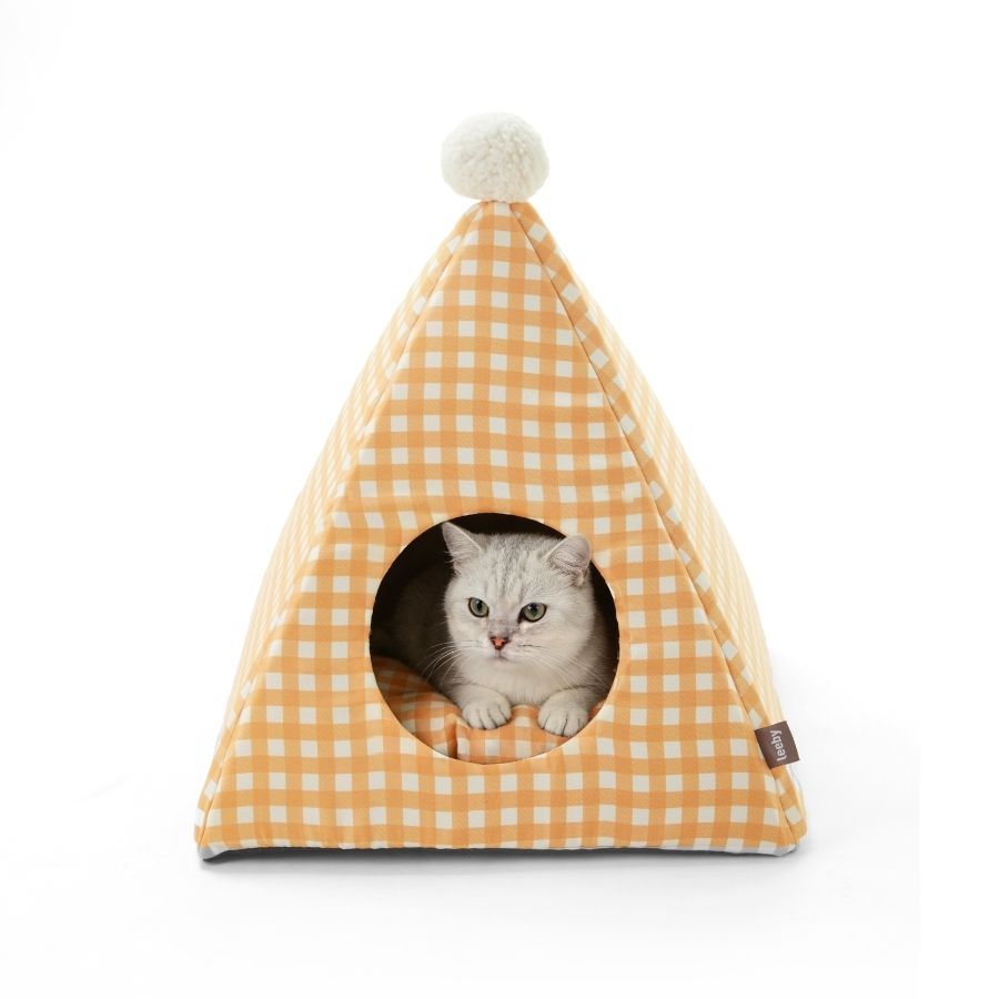 Leeby Cama Forma Piramide Para Gatos Estampado Naranja Vichy, , large image number null