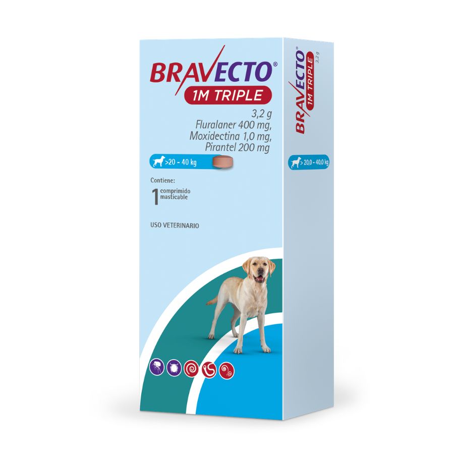 Bravecto antiparasitario masticable para perros de 20 - 40kg 1m triple 400mg x 1tableta, , large image number null