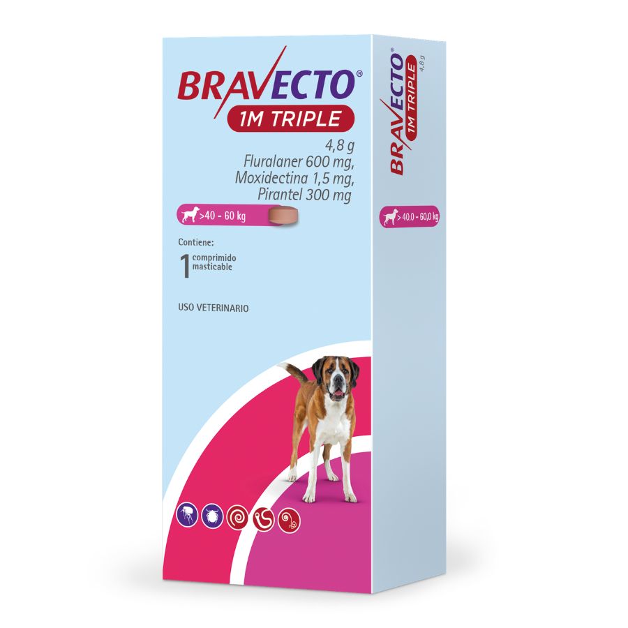 Bravecto antiparasitario masticable para perros de 40 - 60kg 1m triple 600mg x 1tableta, , large image number null