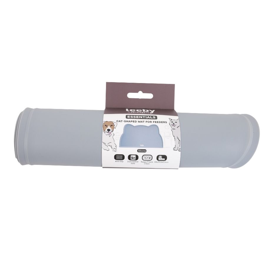 Leeby alfombrilla para mascotas para comederos en forma de gato color gris, , large image number null