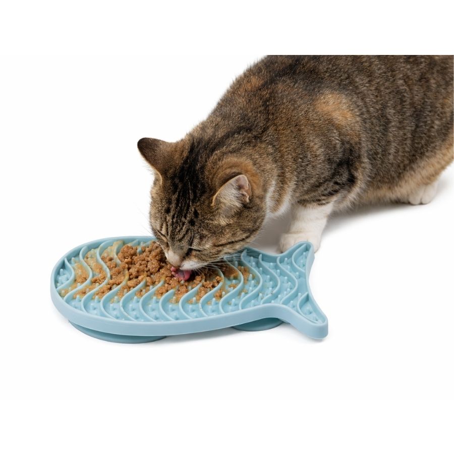 Leeby plato para gatos interactivo para lamer en forma de pescado color celeste, , large image number null