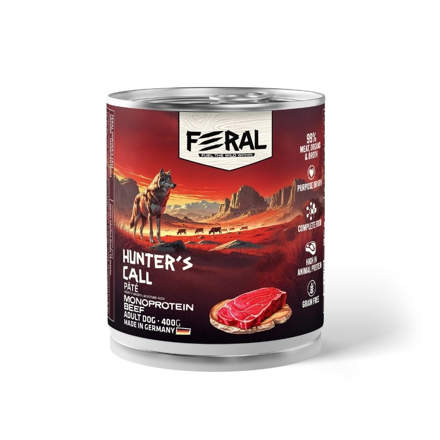 Feral hunters call alimento h&uacute;medo monoproteico para perros sabor vacuno 400GR
