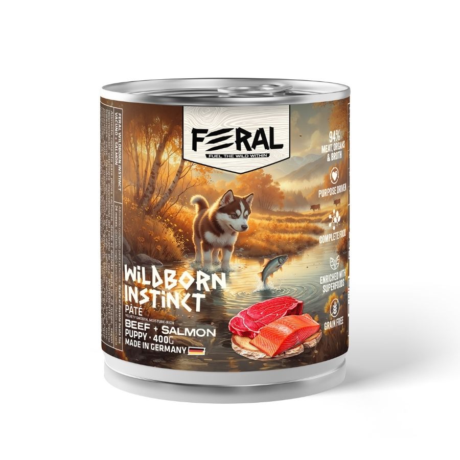 Feral wildborn instinct alimento h&uacute;medo para cachorros sabor vacuno y salm&oacute;n 400GR