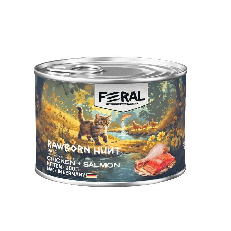 Feral rawborn hunt alimento h&uacute;medo para gatitos sabor pollo y salm&oacute;n